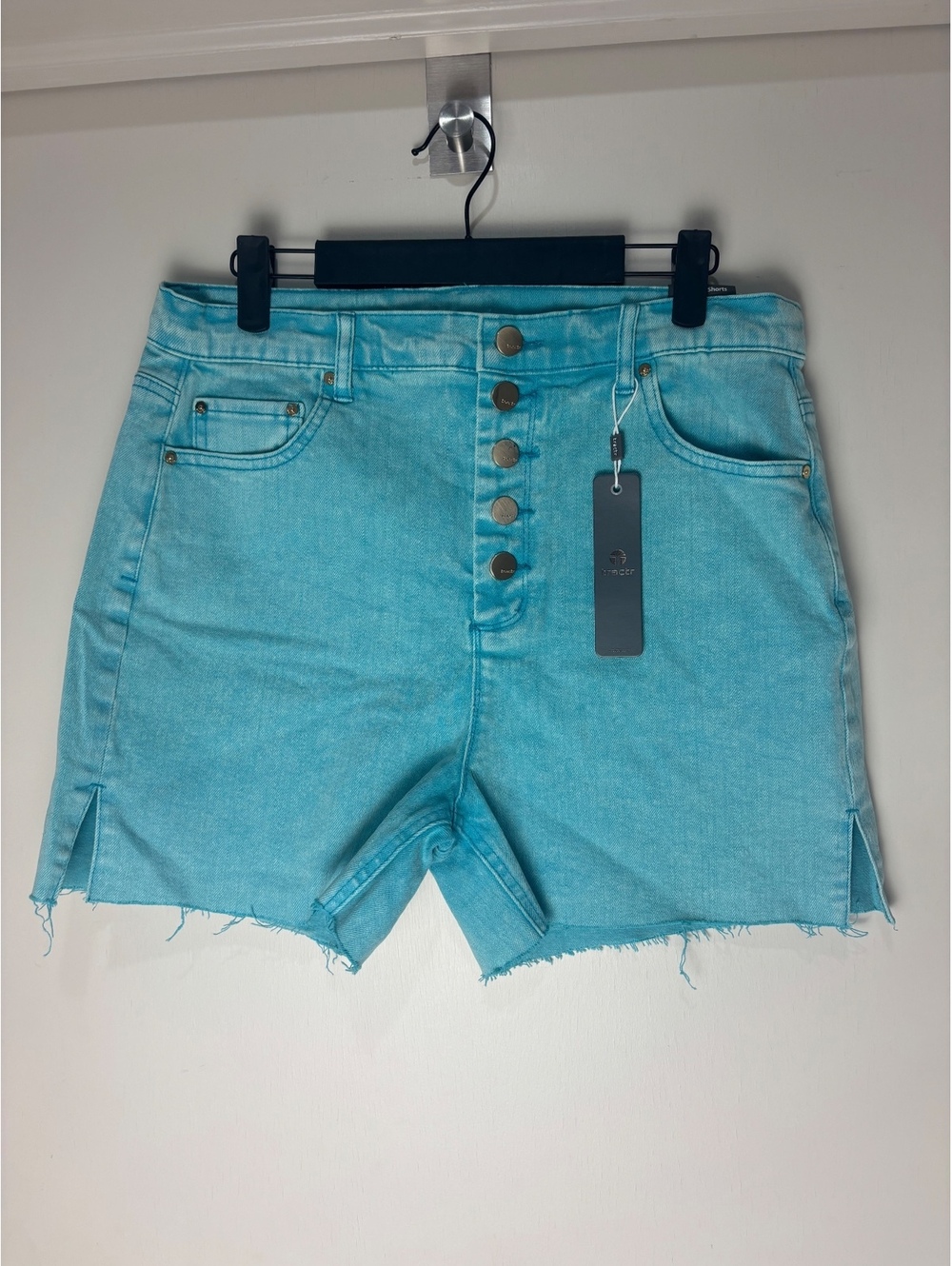 Tractr Denim High Rise Shorts Womens NWT Turquoise Button Fly Raw Hem